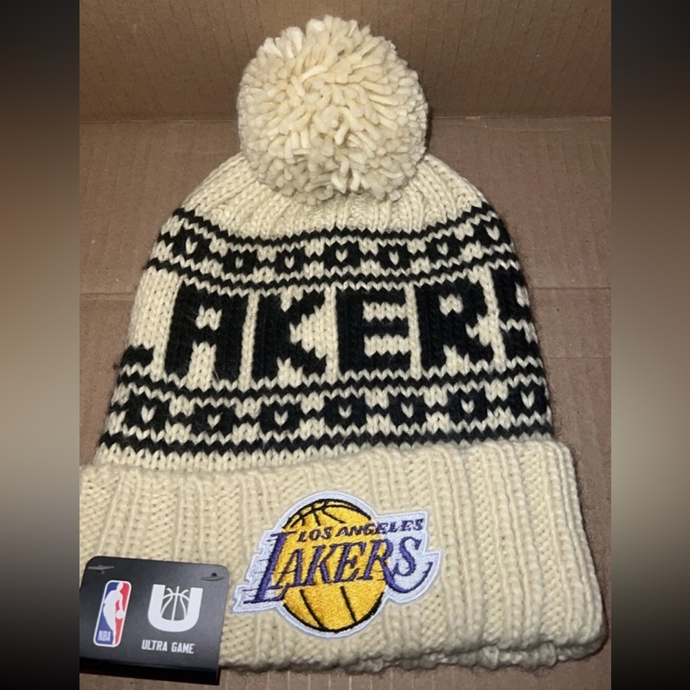 Ultra Game Lakers Cream and Black Pom Beanie
